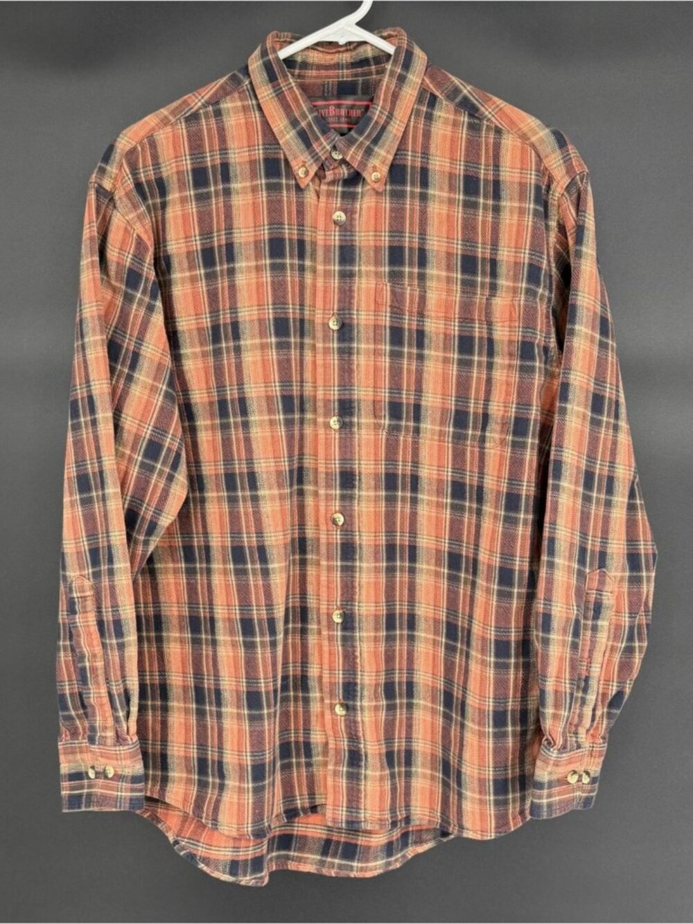Five Brother Mens Plaid Button-Up Long Sleeve Shirt L Orange Outdoor Workwear